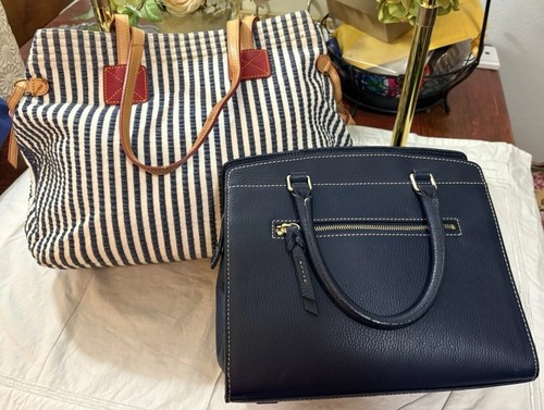 Dooney Bourke Bundle Lot Tote Satchel Purses Navy Blue White Leather Stripe Bags - Picture 2 of 24