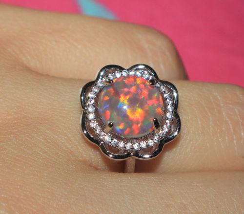 fire opal Cz ring gems silver jewelry Sz 6 6.5 Flower cocktail engagement band - Picture 9 of 9