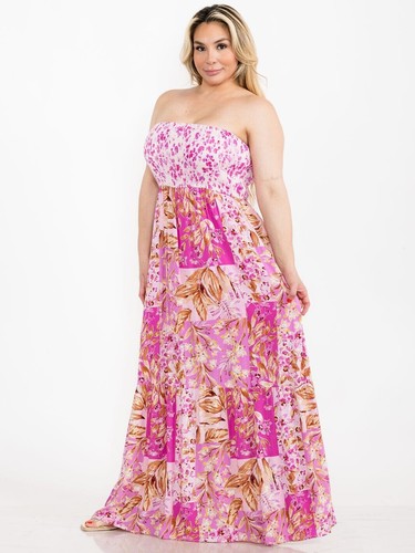 Plus Size Pink Floral Maxi Dress 2X Strapless Lined