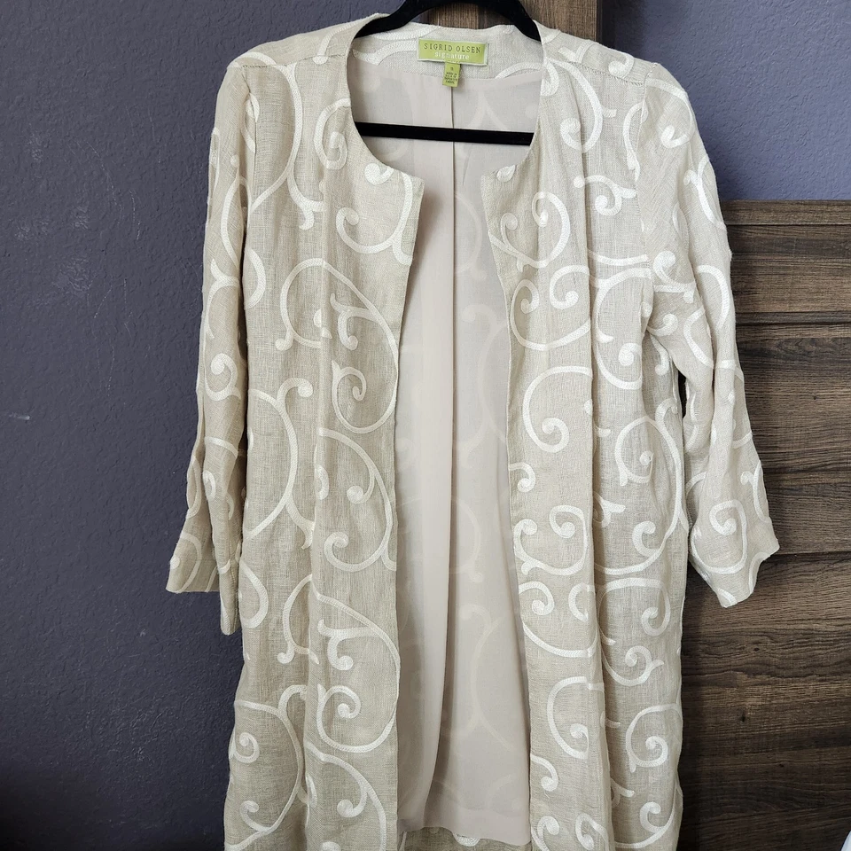 Sigrid Olsen 100% Linen Cardigan Embroidered Long Jacket S Small Beige Cream - Image 2 of 4