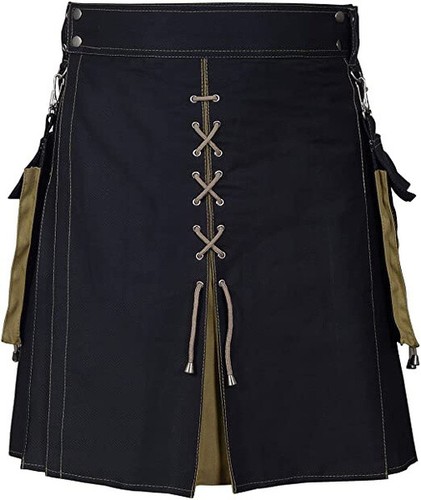 Utility Kilt 100% Cotton Jeans Hybrid Khaki Pleats Kilt Scottish Traditional Mod - Picture 2 of 4
