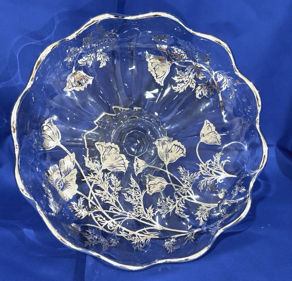 Early 1900's Vintage Pressed Glass Candy Dish with Silver Overlay Poppies - Image 4 of 4