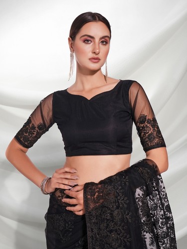 Fancy Black Soft Net Embroidered Party Wear Saree For Women, Wedding Saree, Sari - Picture 8 of 8