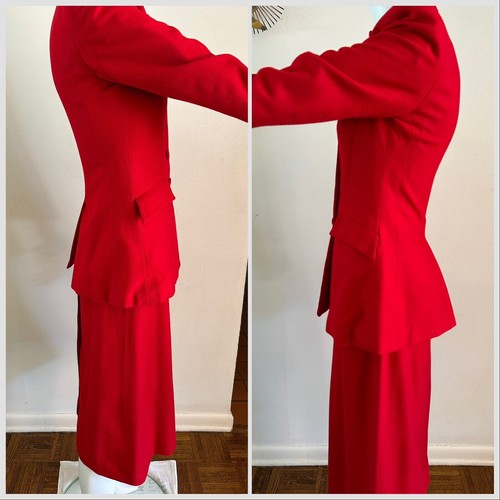 1940s 2 pc Wool Skirt Suit Set Nipped Waist Blazer Jacket Holiday Red WWII VTG - Picture 11 of 24
