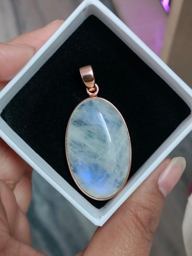 Massiver 14k Rotgold natürlicher blauer Feuer Mondstein Anhänger Schmuck Valentinstag Geschenk - Bild 7 von 7