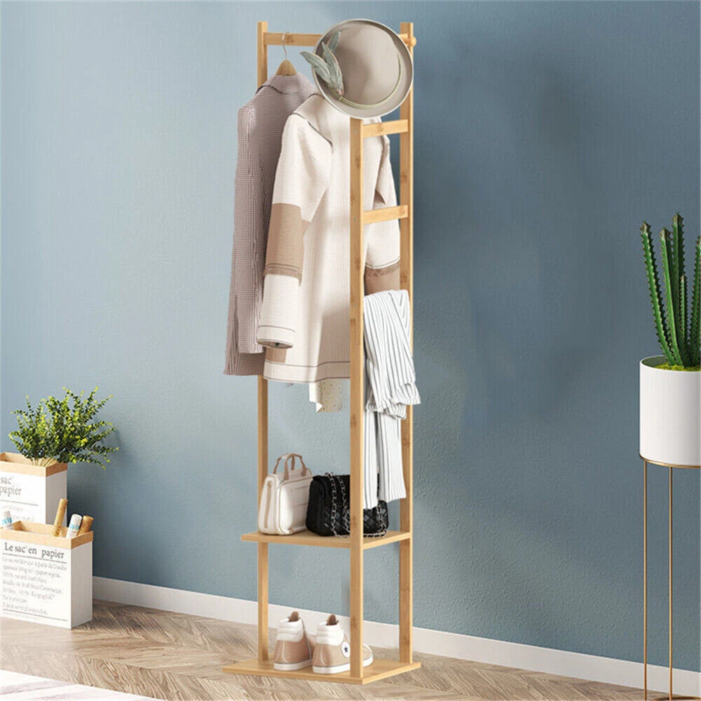 Bamboo Coat Rack Hat Stand Tree Clothes Hanger Umbrella Holder Metal Organizer