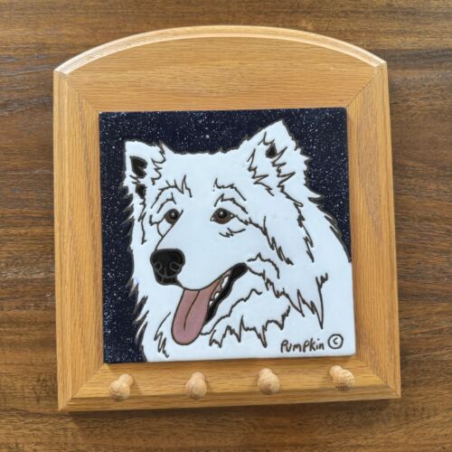 Samoyed Dog Pet Tile Wall Key Leash Hanger Wooden Pegs Pumpkin Inc Ceramic Wood - Afbeelding 1 van 9