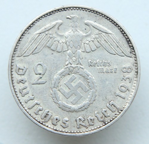 1938 GERMANY 2 MARK E DEUTSCHES REICH SILVER COIN EXCELLENT CONDITION HINDENBURG - Picture 1 of 2