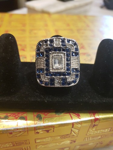 Antiker Art Deco Topf Metall quadratischer Ring mit nachtblauen und klaren Steinen - Bild 1 von 12