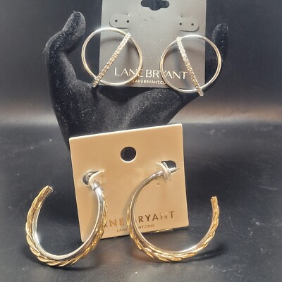 Lane Bryant 2 Pairs Silver Rhinestones & Gold Rope Twist Plus Size Hoops New 
