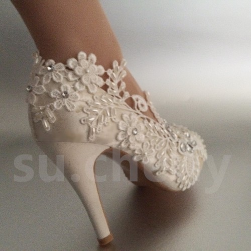 su.cheny 3 Zoll 4 Zoll Absatz Satin weiß elfenbeinfarben Spitzenperlen offene Zehe Hochzeit Braut Schuhe - Bild 8 von 11