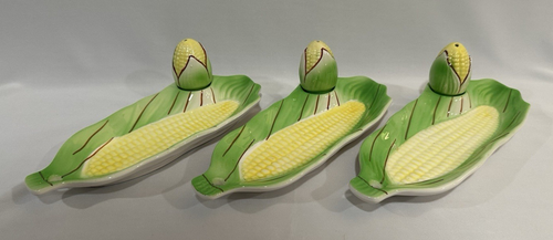 Vintage Set of 3 Corn on the Cob Dishes (3) & Salt Shaker Summer Picnic - 第 1/9 張圖片
