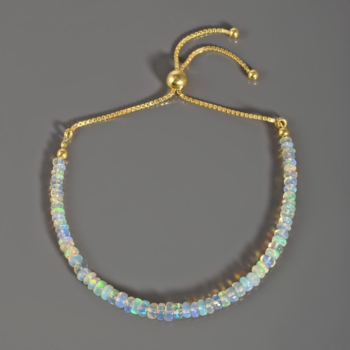 Natural Fire Ethiopian Opal Adjustable Slider Bolo Chain Silver Beads Bracelet - Picture 2 of 5