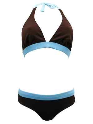 Woman's Colour Block Brown/Aqua Triangle Bikini Set-Size 12 **Free Delivery**