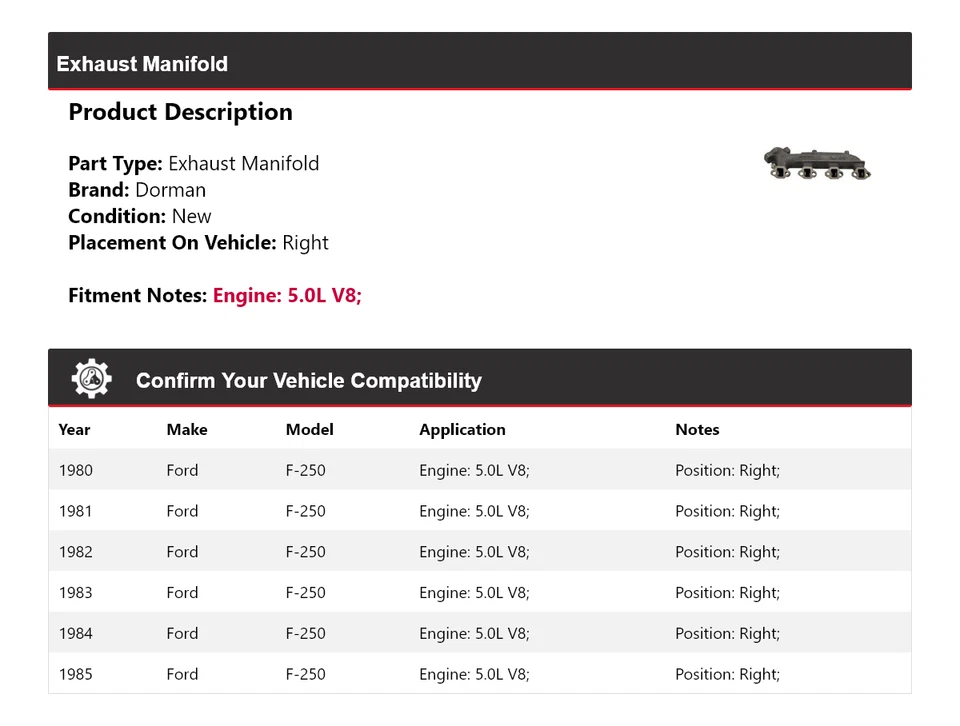 Colector de escape derecho para Ford F-250 1980-1985 5,0 L V8 Dorman 1981 1982 1983 Foto 2 de 4