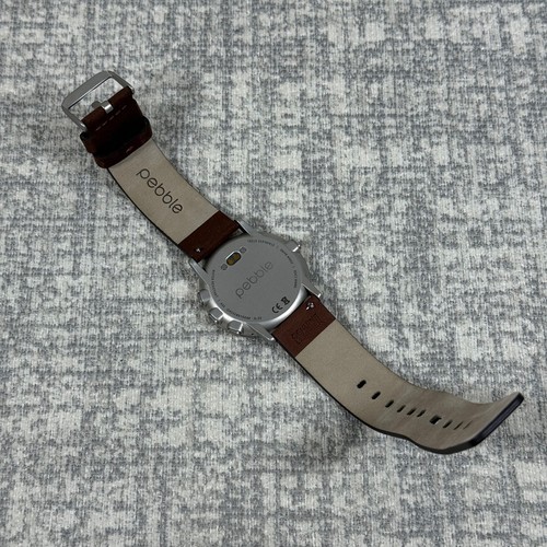PEBBLE Time 20 mm Round Silver & White w/ Brown Strap Smartwatch iPhone/Android - Picture 9 of 20