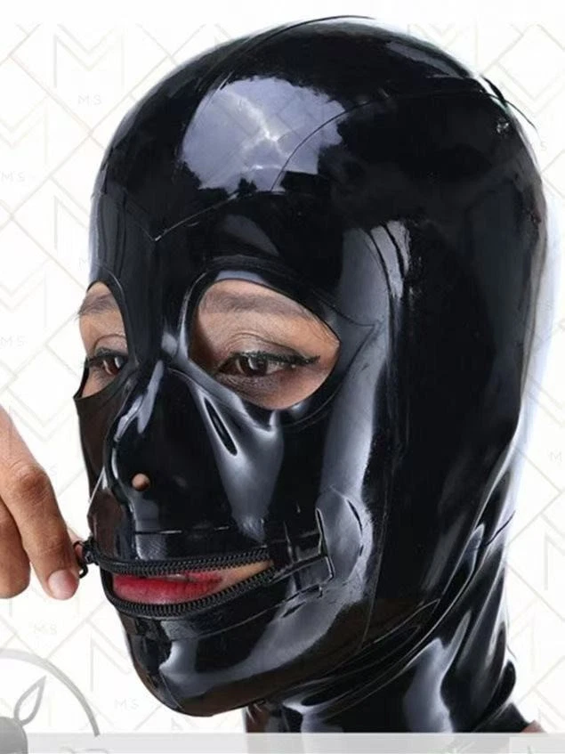 Black Latex Hood Rubber Mask Back Zipper&Mouth with zipper for Fetish ClubWear - Image 2 of 4