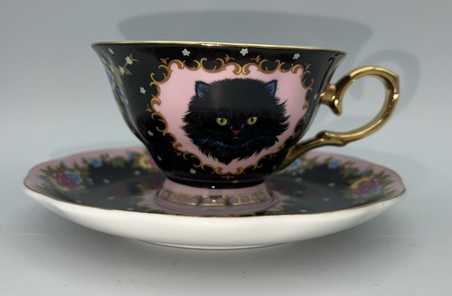 Poppy Angeloff The Cats Meow Persian MIDNIGHT Tasse & Untertasse 24K Gold Henkel