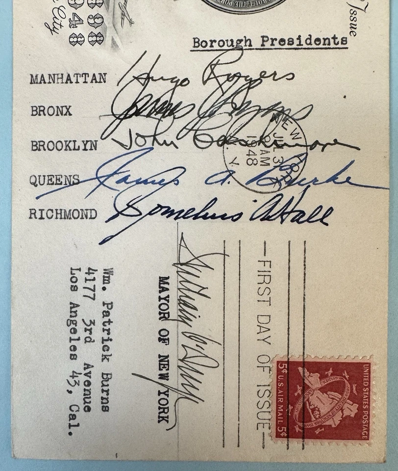Autographs of All 5 N.Y.C. Borough Presidents & Mayor on U.S. Scott #C38 F.D.C. - Image 2 of 3