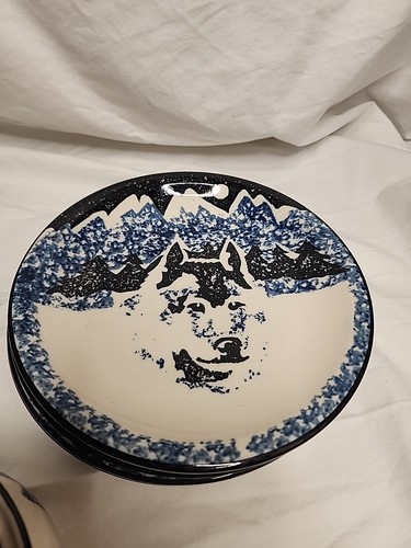 SET OF 11pcs FOLK CRAFT LONE WOLF BY TIENSHAN SPONGEWARE DINNER PLATES,BOWL - Picture 11 of 18