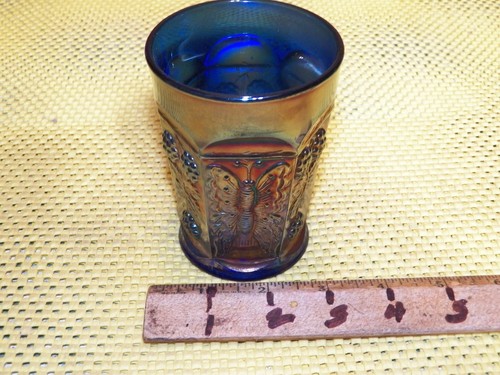 Vintage FENTON Blue Carnival Glass "Butterfly & Berries" Pattern Tumbler - Picture 3 of 8