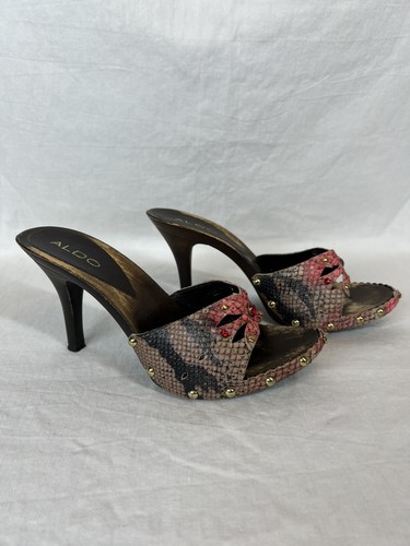 Vintage 90er Aldo Leder offene Zehenpartie Schlangenmuster braun/rosa Holzabsätze Größe 6