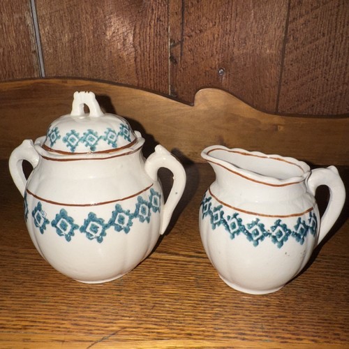 Antique Staffordshire Blue & Brown Stick Spatter Sugar & Creamer~Ca.1901 - Picture 3 of 12
