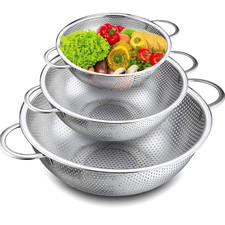 Set of 3 Stainless Steel Colanders Strainers Pasta Veg Fruit Heavy Duty Safe
