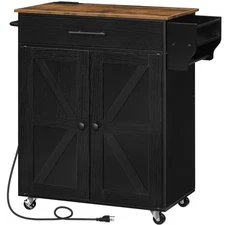  Kitchen Island with Power Outlet, Kitchen Island Storage Rustic Brown + Black