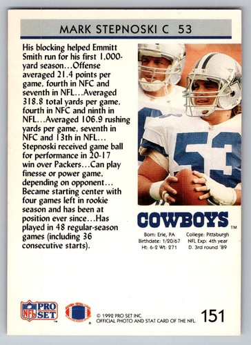 1992 Pro Set Mark Stepnoski #151 - Bild 2 von 2