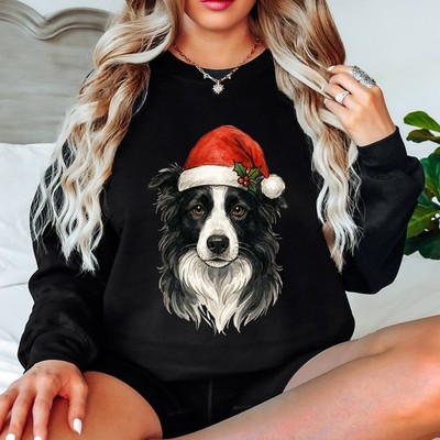 Border Collie Hund Weihnachten Feiertage Damen Sweatshirt Nikolausmütze Pullover Geschenk