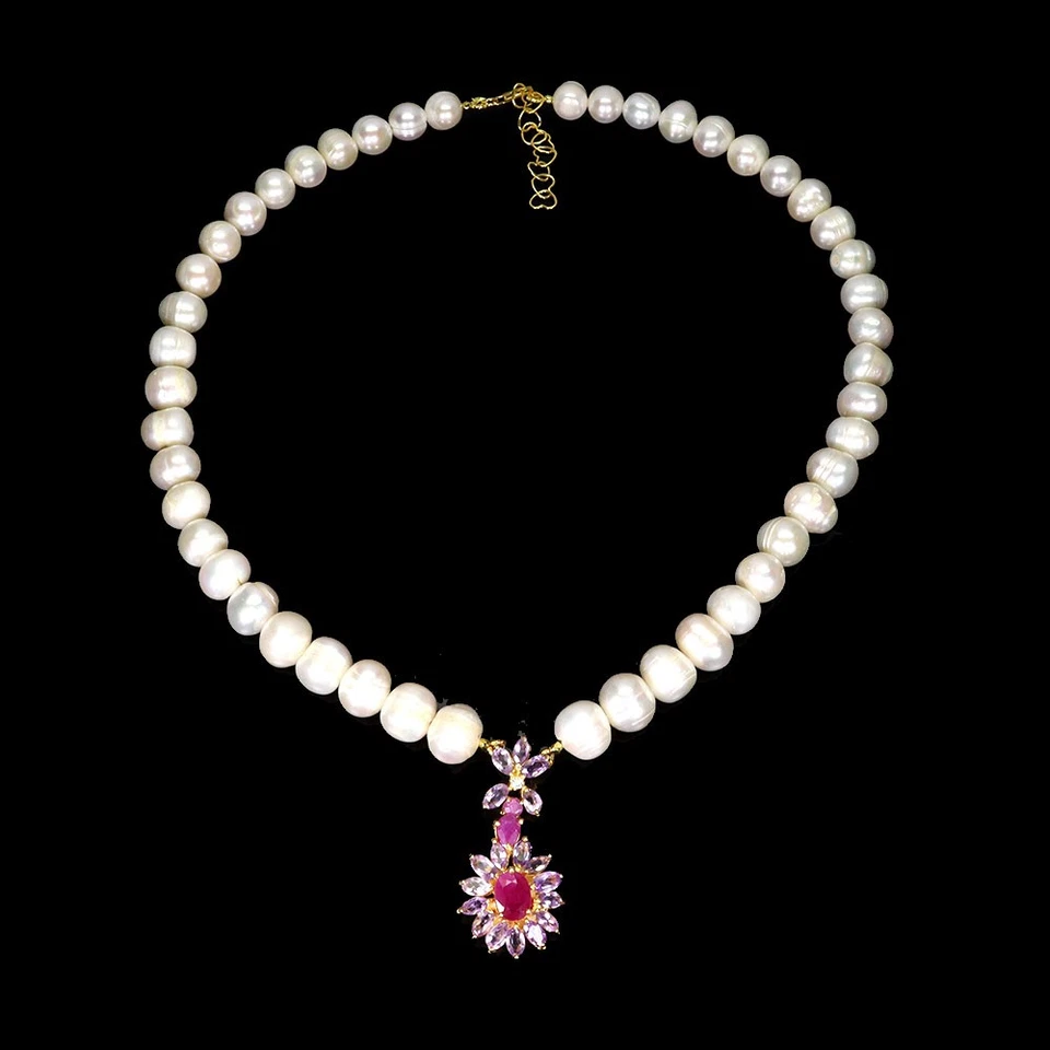 925 Sterlingsilber Halskette Oval Rubin 8x6mm Amethyst Perle No USA Einfuhr Fees - Bild 2 von 4