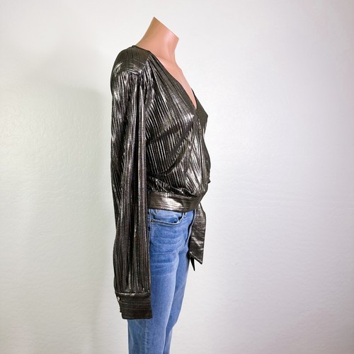 Ted Baker Elwiira Gathered Metallic Long Sleeve Wrap Top Blouse Gold-Col NWT - Picture 8 of 13