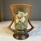 Vtg Roseville Pottery Usa  Magnolia Vase Brown Double Handle  6.25” Tall 6” Wide