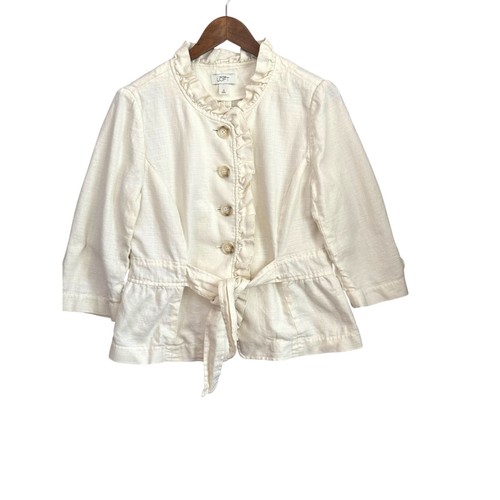 Ann Taylor LOFT Ruffle Collar Linen Blend Jacket Blazer 12 Cream
