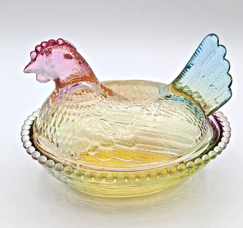 NEU Glas "Henne auf Nest" Süßigkeitenschale - Bernstein rot blau - 7" lang x 5" hoch
