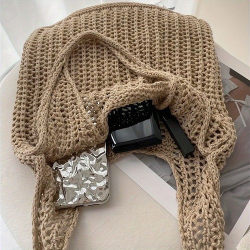 Knitted Beach Bags Hollow Grids Lightweight Bags Knitting Shoulder Bag Women - Picture 4 of 14