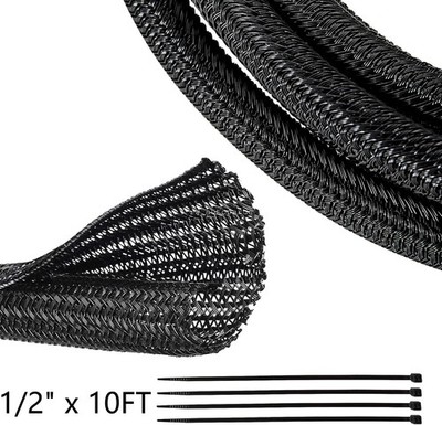 Braided Wire Cable Sleeve Split Wiring Sleeving 10 Feet 1/2'' Flexible Self-Wrap