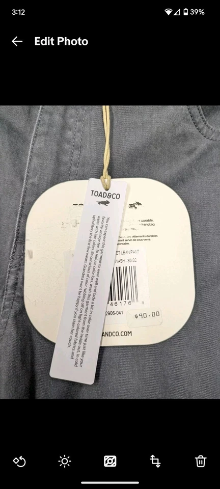 Pantalones chinos Toad & Co Mission Ridge para hombre 30x32 30 rectos exteriores grises nuevos con etiquetas $90 Foto 2 de 4