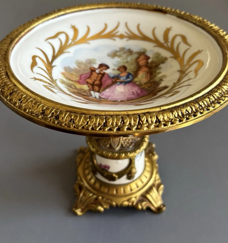 Vintage French Hand Painted Enameled Small Decorative Dish w/Bronze pedestal - Image 2 of 4