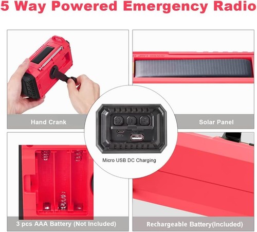 5000mAh Weather Alert Radio, AM/FM/SW/NOAA Solar Hand Crank Red - Picture 2 of 8