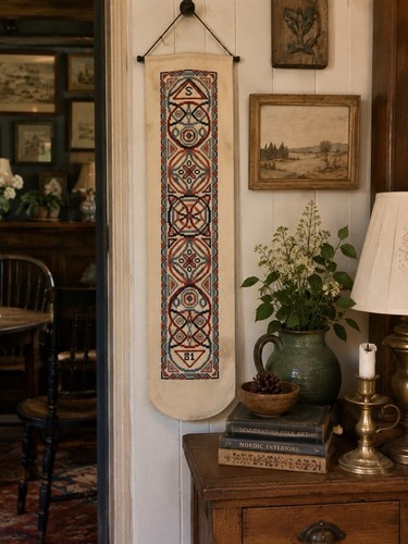 Vintage Scandinavian Folk Art Needlepoint Bell Pull Panel Hand Stitched 44”