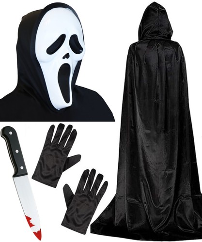 Adulto Grito Cara Fantasma Halloween Disfraz Vestido Elegante Máscara Capa Cuchillo Guantes Conjunto - Imagen 11 de 12