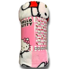 NWT SANRIO HELLO KITTY SILK TOUCH THROW BLANKET RED BOWS  PINK STRIPES 40 X 50"