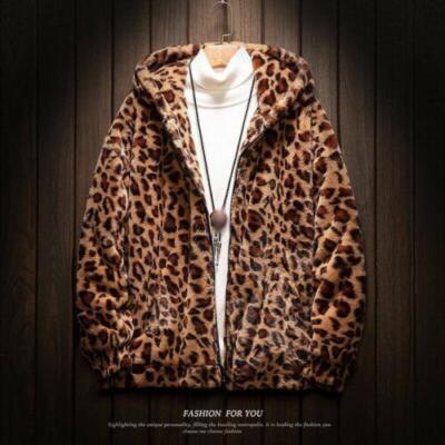 Men's Fashion Hooded Plush Jacket Outwear Leopard Winter Loose Fit Thick Warm 