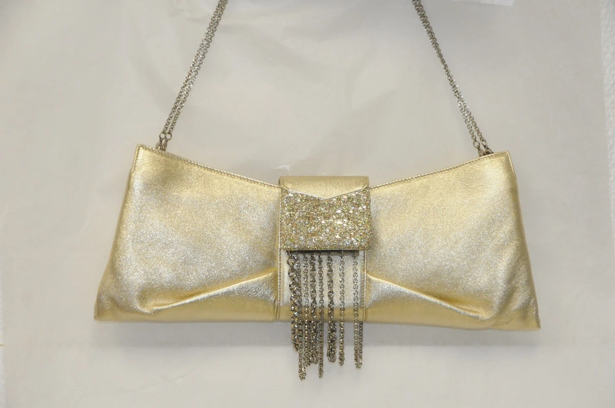 2995 JUDITH LEIBER Leather Gold Cystals Clutch Bag Jeweled Chain