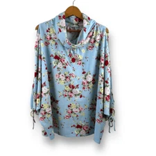 Easel Women's Size M Cowlneck Blouse Blue Rosette Floral Cutout Tie Sleeve