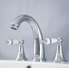Chrome Brass Deck Mount 3 Holes Double Handles Widespread Bathroom Sink Faucet
