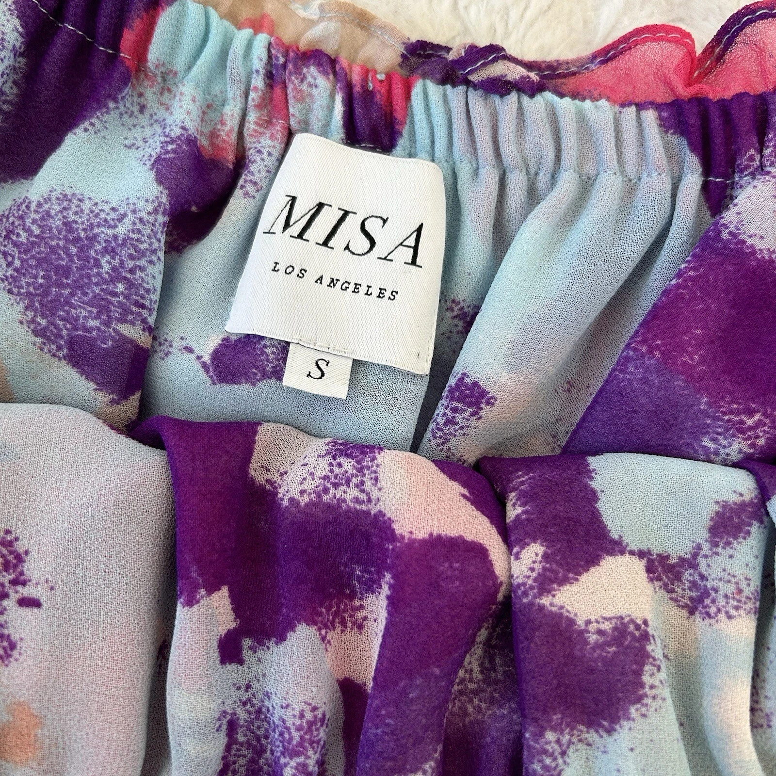 PALM ANGELS MISA Los Angeles Isella mini abito floreale con volant taglia S rosa blu multi floreale divertente