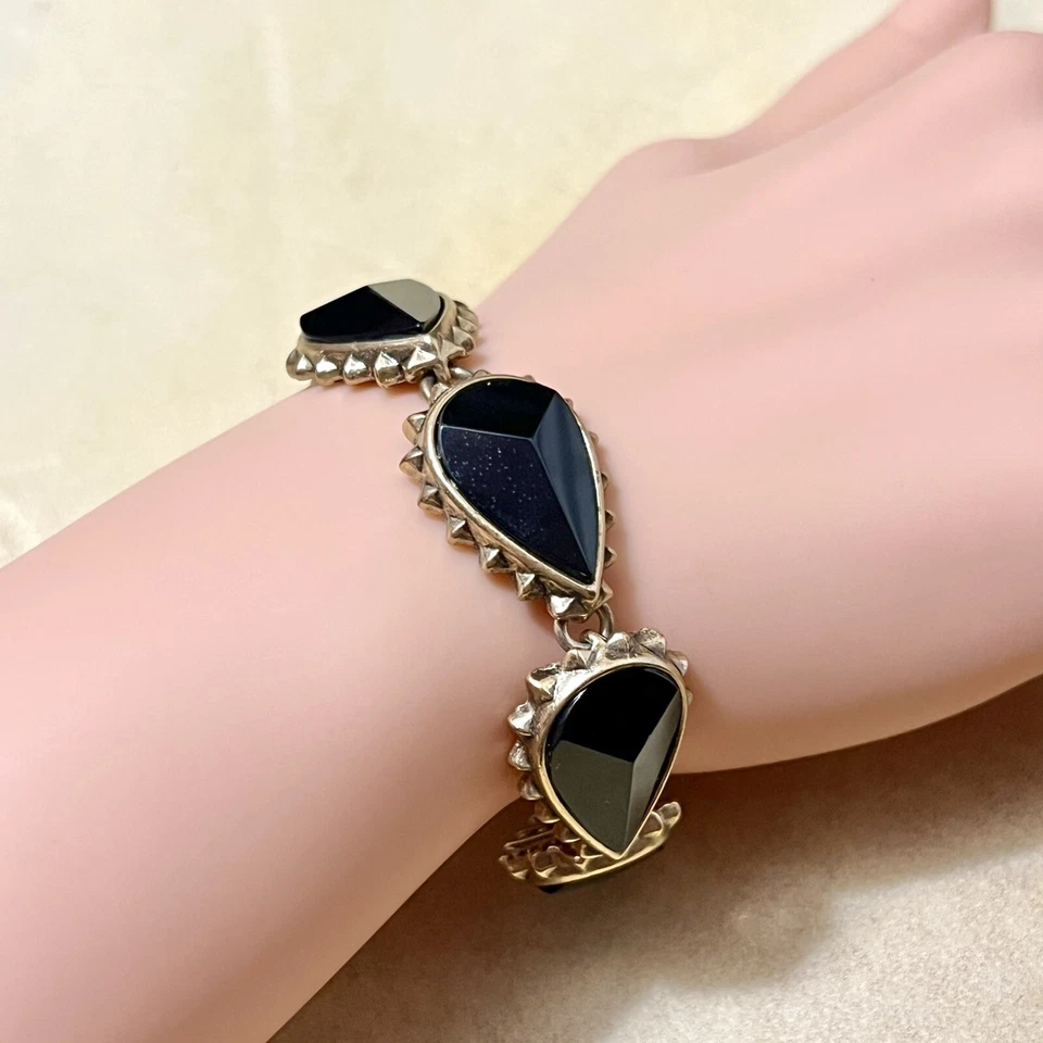 Lucky Brand Bracelet, Gold Tone w/ Black Teardrop Links, Brutalist Spiky Toggle - Image 2 of 4